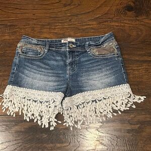 LEI Ashley Low rise Denim Shorts with Lace Fringe